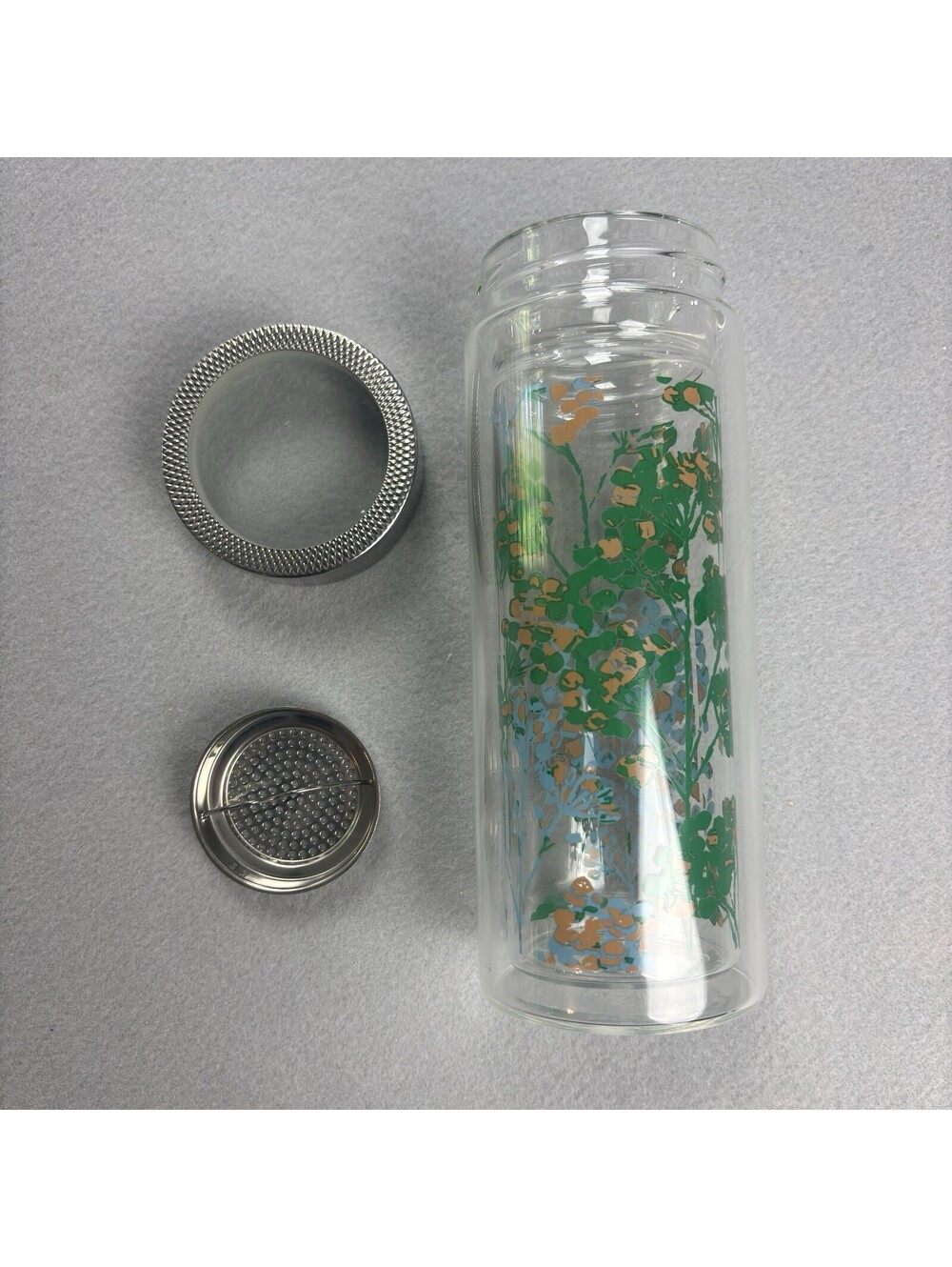 Glass Tea Infuser Bottle 16 fl oz Double Walled with Strainer Tall Floral Design